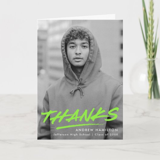 Lime Green Dashed Modern Photo Afstuderen Bedankkaart (Voorkant)