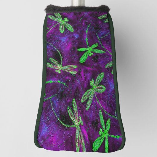 Lime Green Dragonflies op Paars Golfheadcover (Draai 90)