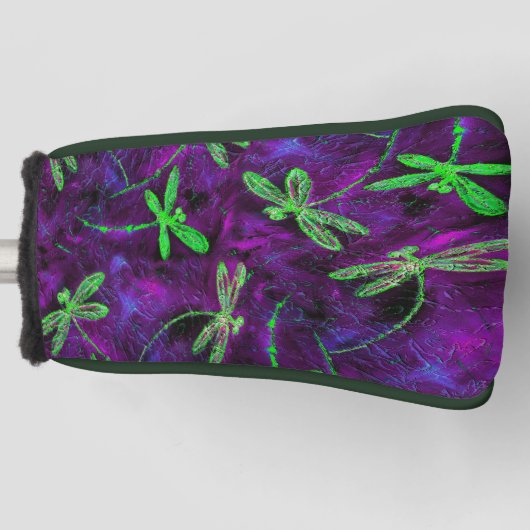 Lime Green Dragonflies op Paars Golfheadcover (Voorkant)