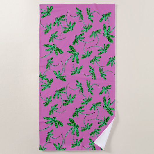 Lime Green Dragonfly Frenzy Beach Towel Strandlaken (Voorkant)