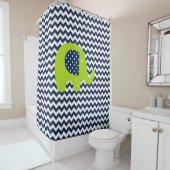 Lime Green Elephant on Navy and White Chevron Douchegordijn (In situ)