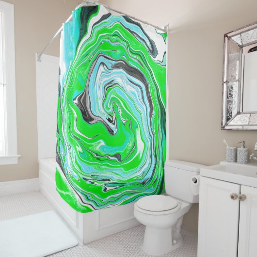Lime Green en Aqua Blue Marble Swirls Douchegordijn (In situ)