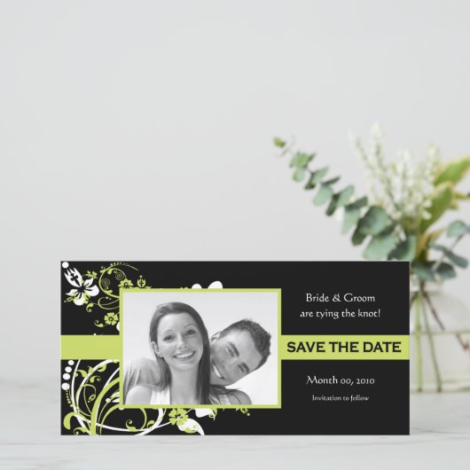 Lime Green en Black Bewaar de datum fotokaarten Save The Date (Staand voorkant)