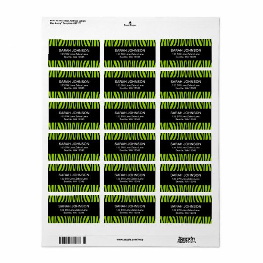 Lime Green en Black Zebra Retouradreslabel Etiket (Full Sheet)