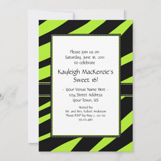 Lime Green en Black Zebra Stripes Sweet 16 Invita Kaart (Voorkant)
