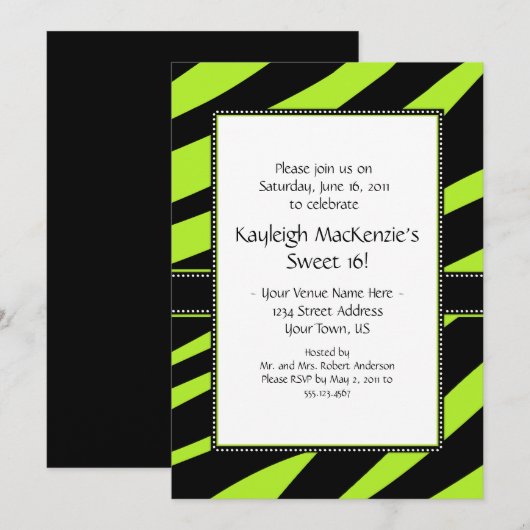 Lime Green en Black Zebra Stripes Sweet 16 Invita Kaart (Voorkant / Achterkant)