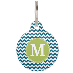 Lime Green en Blauwgroen Chevron Pattern Monogram Huisdierpenning