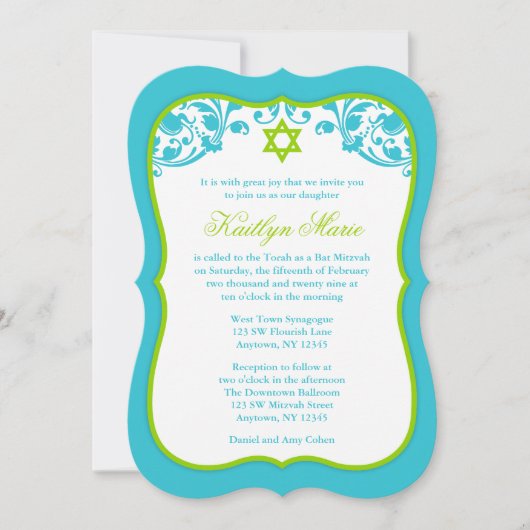 Lime Green en Blauwgroen Swirls Bat Mitzvah Kaart (Voorkant)