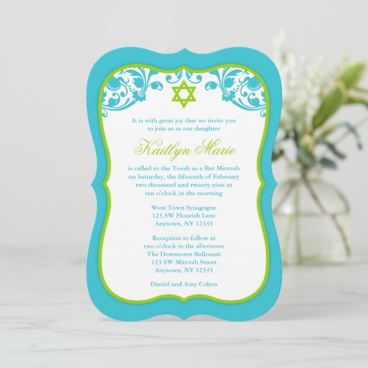 Lime Green en Blauwgroen Swirls Bat Mitzvah Kaart (Staand voorkant)