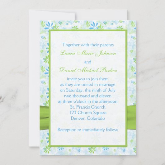 Lime Green en Blue Floral bruiloft uitnodiging (Achterkant)