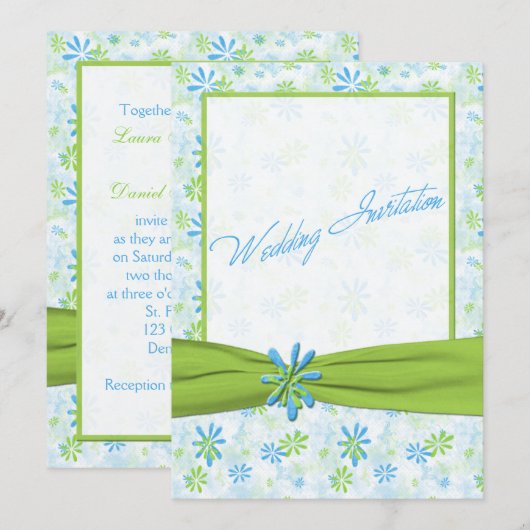 Lime Green en Blue Floral bruiloft uitnodiging (Voorkant / Achterkant)