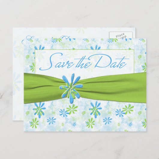 Lime Green en Blue Floral Save the Date Briefkaart (Voorkant / Achterkant)