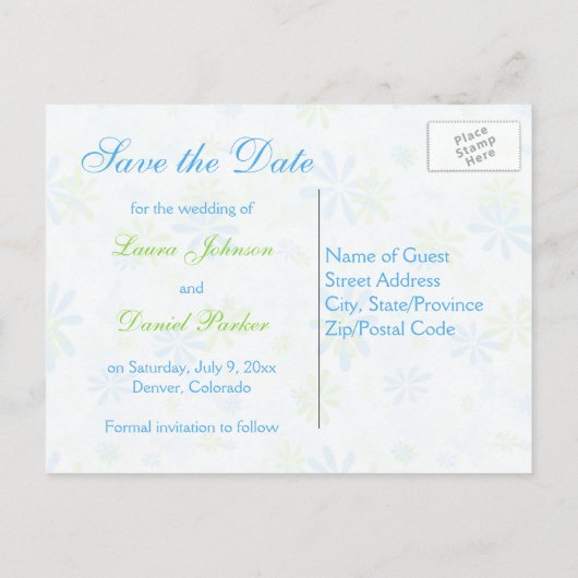 Lime Green en Blue Floral Save the Date Briefkaart (Achterkant)