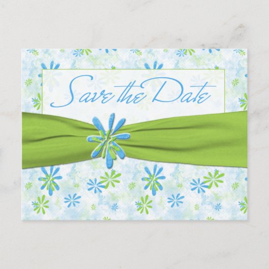 Lime Green en Blue Floral Save the Date Briefkaart (Voorkant)