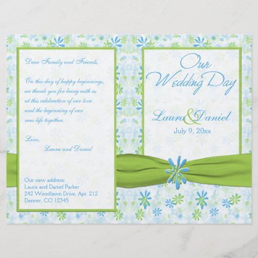 Lime Green en Blue Floral Wedding Programme (Voorkant)