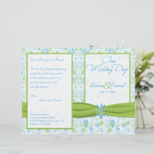 Lime Green en Blue Floral Wedding Programme (Staand voorkant)