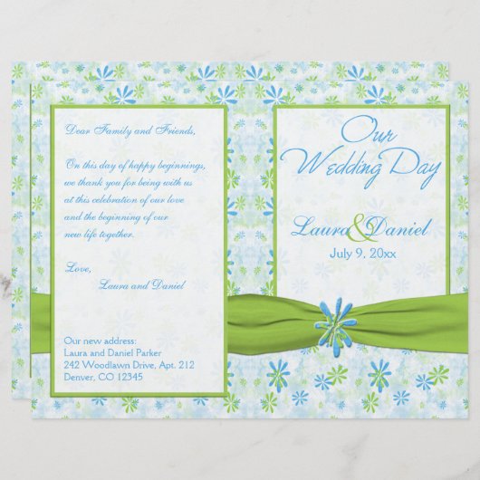 Lime Green en Blue Floral Wedding Programme (Voorkant / Achterkant)