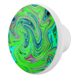 Lime Green en Blue Groovy Abstract Retro Art Keramische Knop