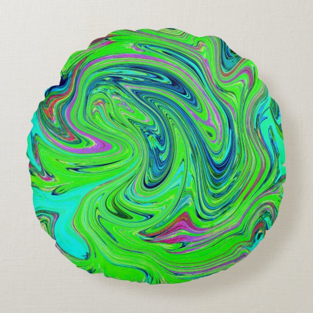 Lime Green en Blue Groovy Abstract Retro Art Rond Kussen (Voorkant)