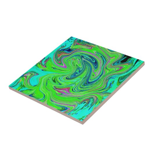 Lime Green en Blue Groovy Abstract Retro Art Tegeltje (Zijkant)