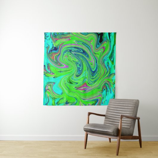Lime Green en Blue Groovy Abstract Retro Art Wandkleed (In situ)