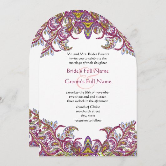 Lime Green en Raspberry Damask Wedding Invitation Kaart (Voorkant / Achterkant)