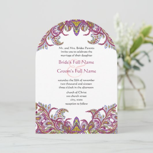 Lime Green en Raspberry Damask Wedding Invitation Kaart (Staand voorkant)