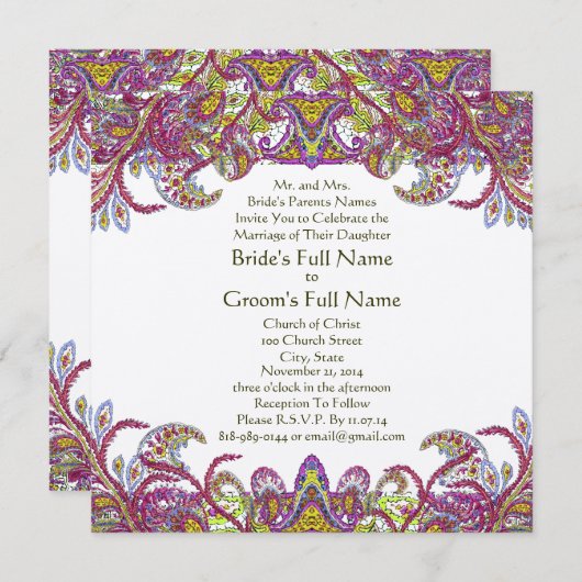 Lime Green en Raspberry Damask Wedding Invitation Kaart (Voorkant / Achterkant)