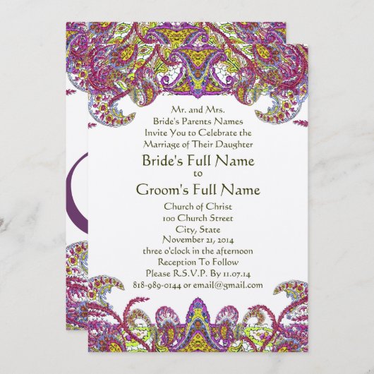 Lime Green en Raspberry Damask Wedding Invitation Kaart (Voorkant / Achterkant)