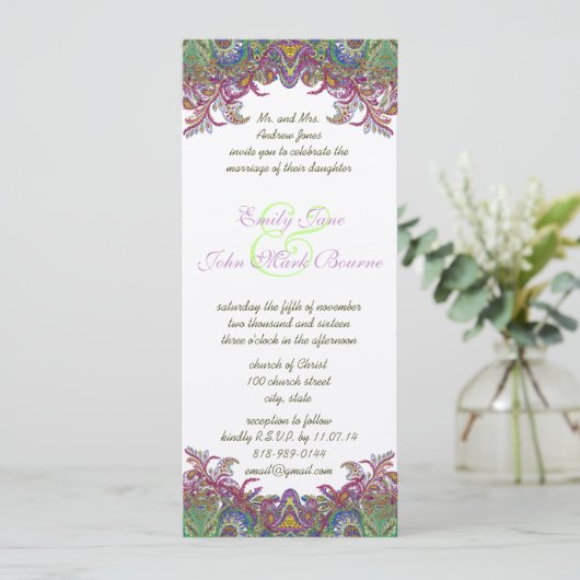 Lime Green en Raspberry Damask Wedding Invitation Kaart (Staand voorkant)