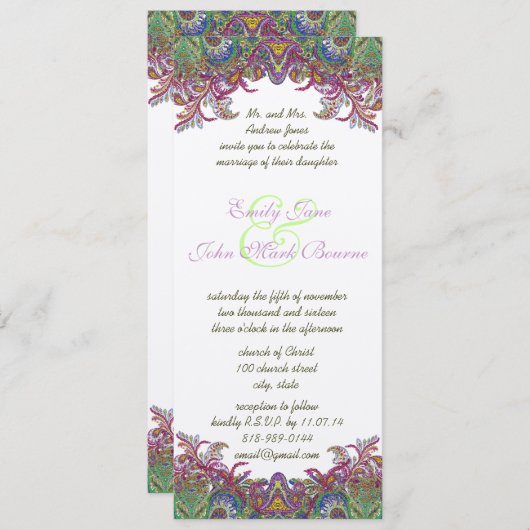 Lime Green en Raspberry Damask Wedding Invitation Kaart (Voorkant / Achterkant)