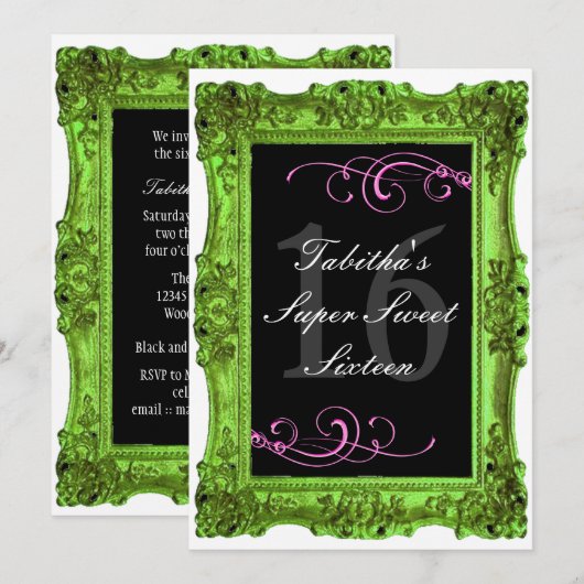 Lime Green en roze Forma Sweet Sixteen-uitnodiging Kaart (Voorkant / Achterkant)