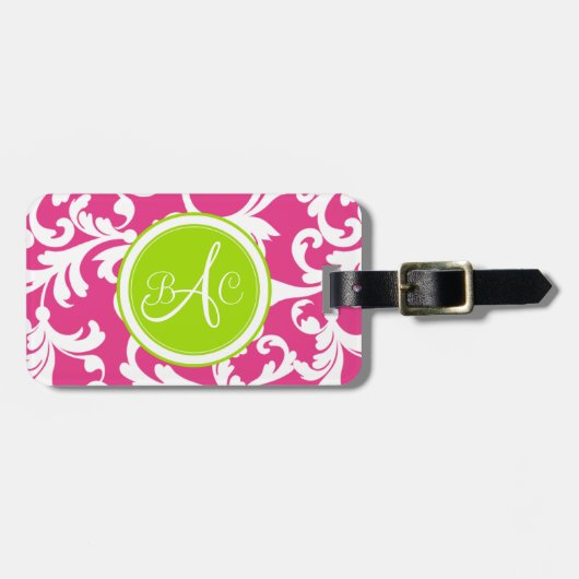 Lime Green en Roze Monogrammed Damask Print Bagagelabel (Voorkant horizontaal)
