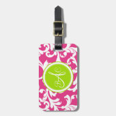 Lime Green en Roze Monogrammed Damask Print Bagagelabel (Voorkant verticaal)