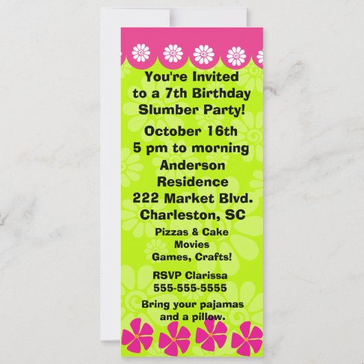 Lime Green en Roze Slumber Party uitnodiging (Achterkant)