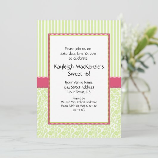 Lime Green en Roze Sweet 16 Uitnodiging (Staand voorkant)
