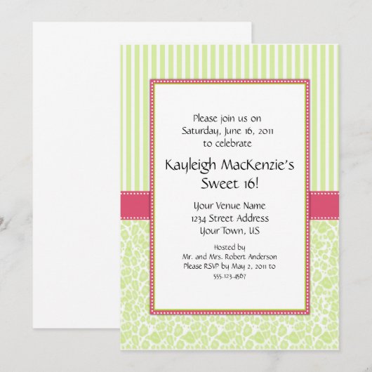 Lime Green en Roze Sweet 16 Uitnodiging (Voorkant / Achterkant)