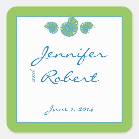 Lime Green en Turquoise Seashell Envelope Seal Vierkante Sticker (Voorkant)