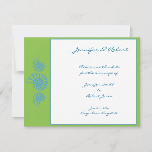 Lime Green en Turquoise Seashell Save the Date (Voorkant)