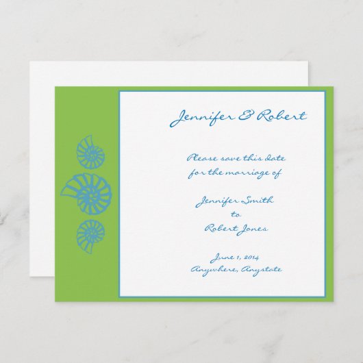 Lime Green en Turquoise Seashell Save the Date (Voorkant / Achterkant)