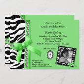 Lime Green en Zebra gestreept Birthday Party Invit Kaart (Voorkant / Achterkant)