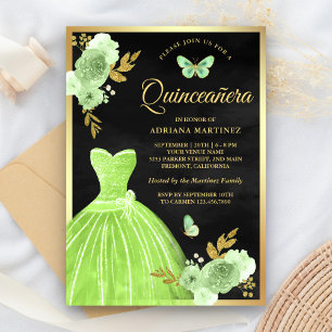 Lime Green Floral Butterfly Black Gold Quinceanera Kaart
