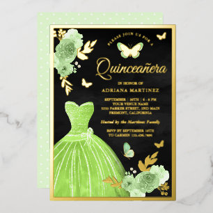 Lime Green Floral Butterfly Black Quinceanera Gold Folie Uitnodiging