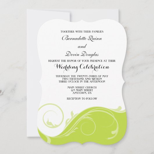 Lime Green Floral Swirl Bracket Wedding Invites Kaart (Voorkant)