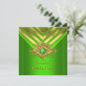 Lime Green Gem Gold Deco Stripe Birthday Party Kaart (Staand voorkant)