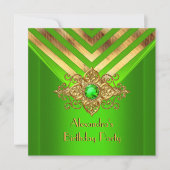 Lime Green Gem Gold Deco Stripe Birthday Party Kaart (Voorkant)