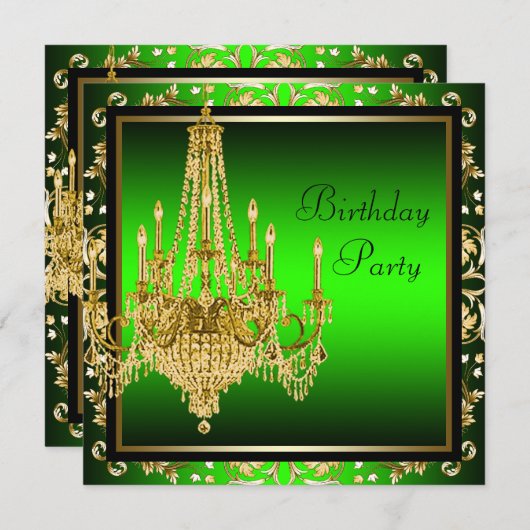 Lime Green Gold Damask Chandelier Verjaardagsfeest Kaart (Voorkant / Achterkant)