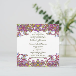 Lime Green Gold Damask Wedding Invitation Kaart