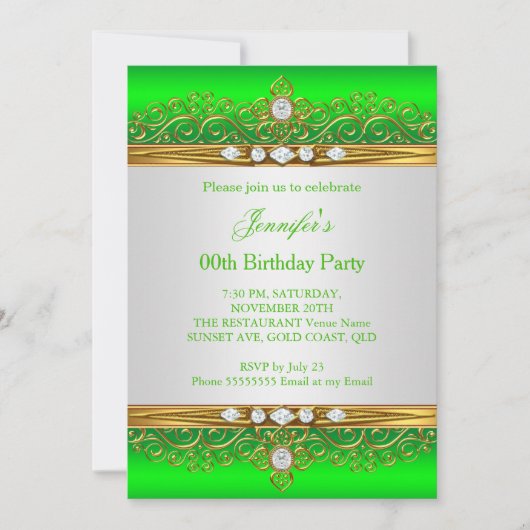 Lime Green Gold White Diamond Birthday Party Kaart (Voorkant)