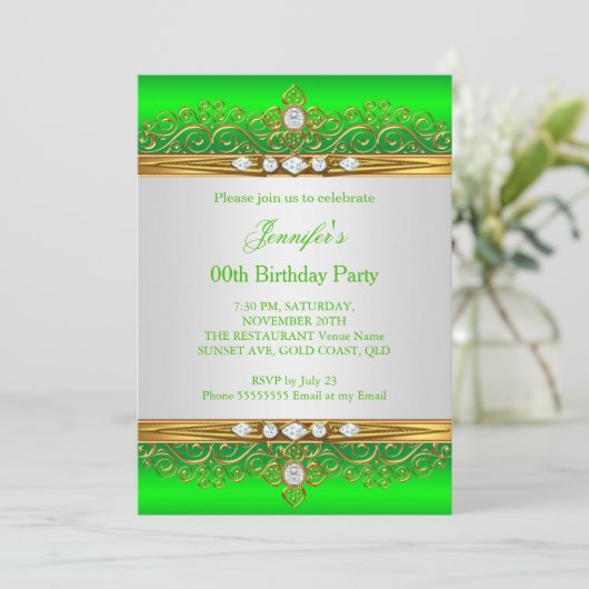 Lime Green Gold White Diamond Birthday Party Kaart (Staand voorkant)